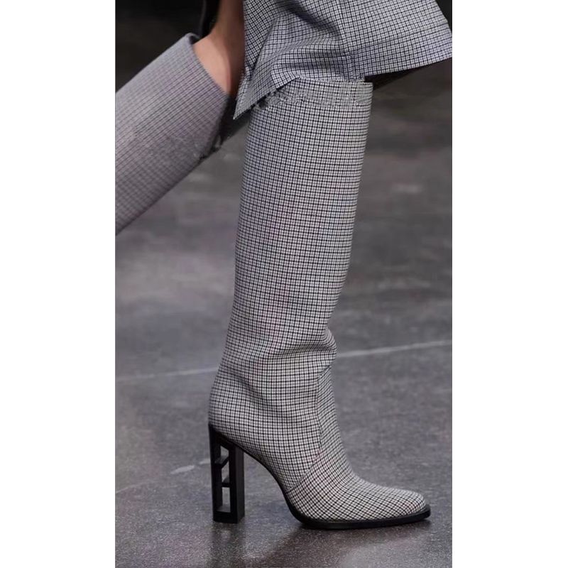 Ladies Autumn Pointed Toe Knee Boots Brand New Hollow Wooden High Heel Sexy High Boots/Red Brown/Black/Grey Plaid 34-43 Sizes - KAISERINC