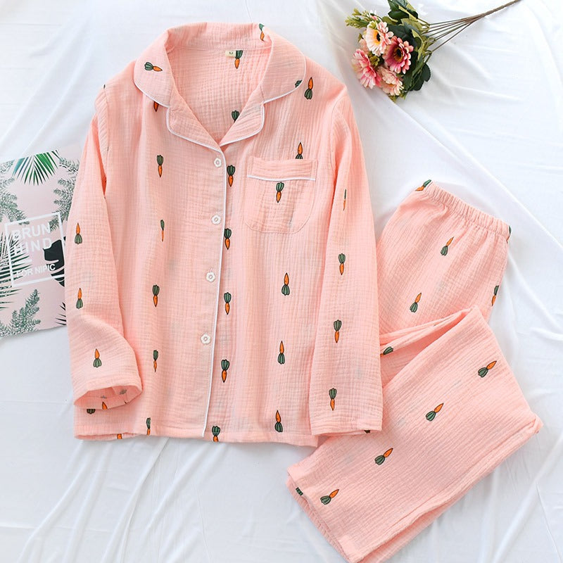 Women Cotton Pajama Sets Carrot Print Pattern Long Sleeve Shirt+trousers Soft Sleepwear Set Nightie Home Clothes Autumn - KAISERINC