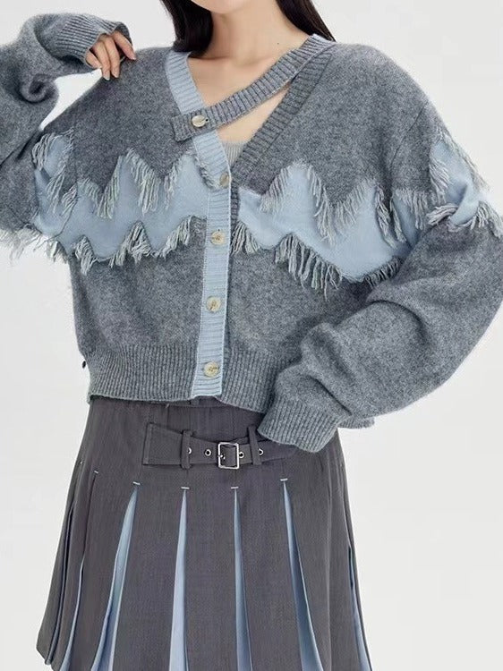 Patchwork Tassel Knitting Sweaters For Women V Neck Long Sleeve Hit Color Casual Loose Sweater Female Fashion - KAISERINC