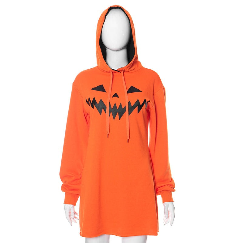 Halloween printed hooded sweatshirt casual dress - KAISERINC