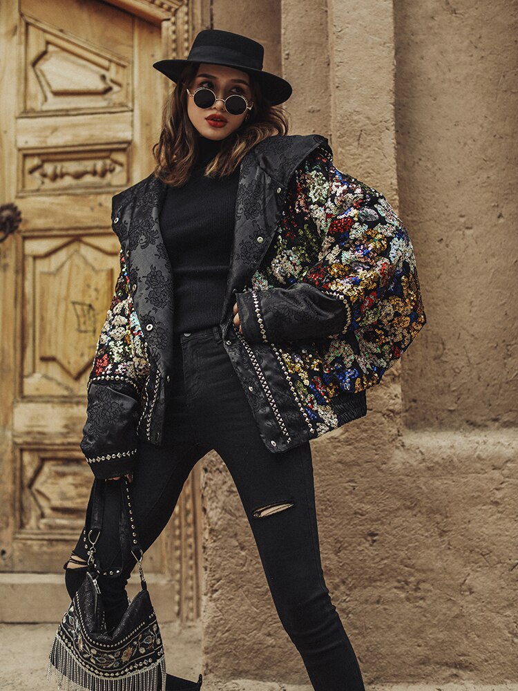 Heavy Industry Sequins Down Jacket Women's Winter Loose Warm White Duck Down Short Coat - KAISERINC