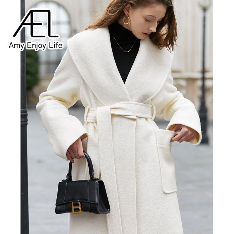 Retro Large Lapel White Tweed Jacket Female Winter New Waist Lacing Tweed Coat - KAISERINC