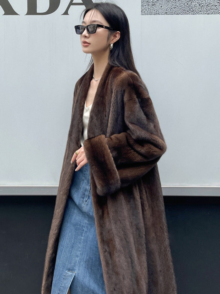 Winter Long Vintage Elegant Luxury Chic Thick Warm Soft Brown Fluffy Faux Mink Fur Coat Women V Neck - KAISERINC
