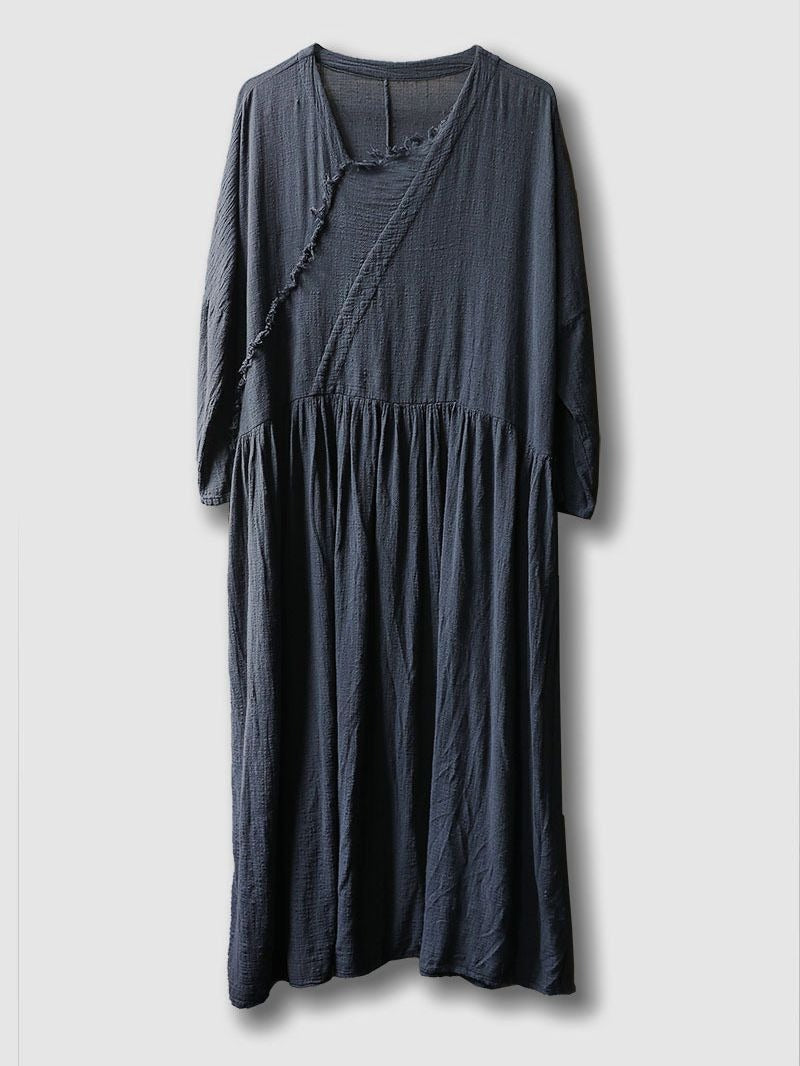 Travel literary soft loose slimming robe cotton and linen draped raw edge dress - KAISERINC