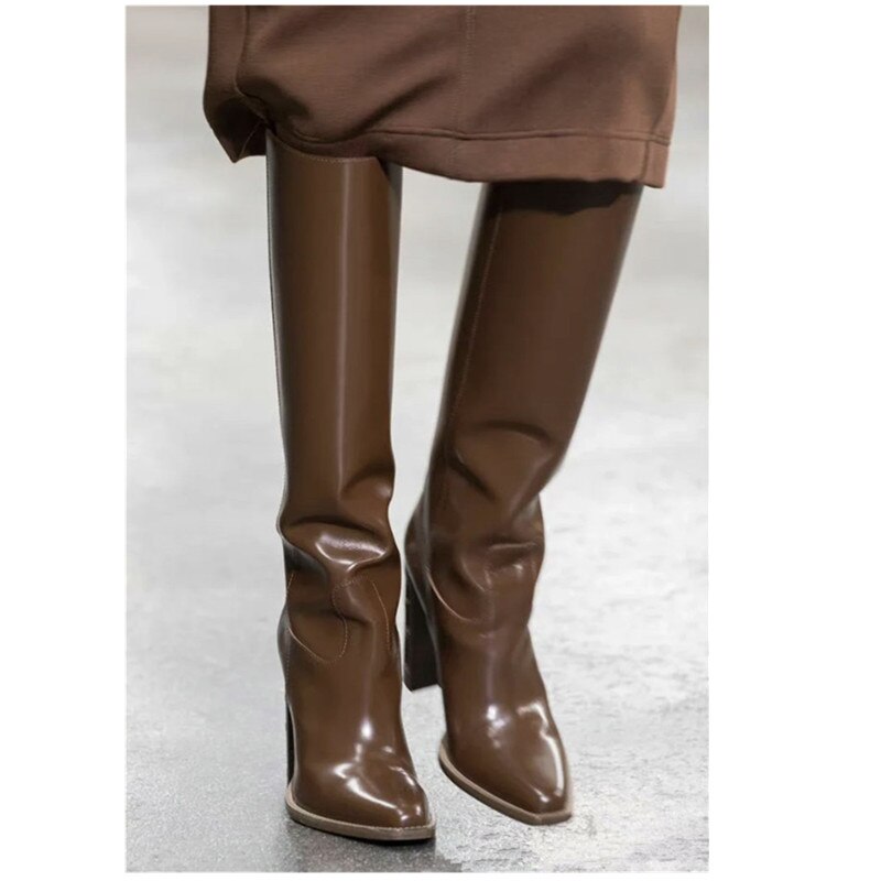 Ladies Autumn Pointed Toe Knee Boots Brand New Hollow Wooden High Heel Sexy High Boots/Red Brown/Black/Grey Plaid 34-43 Sizes - KAISERINC
