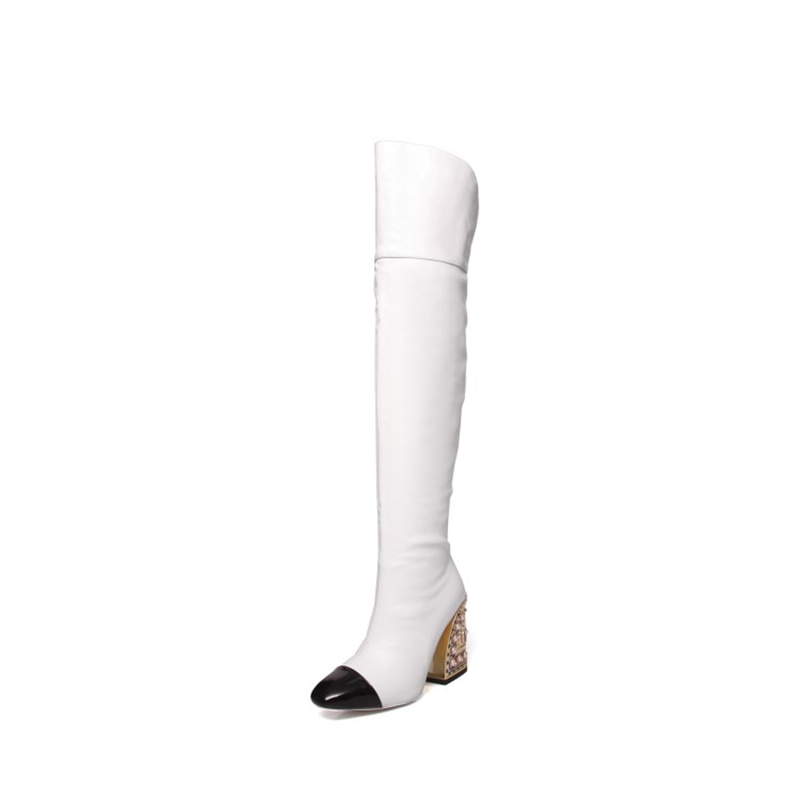 Fashion Sexy Women Pointed-Toe Boots Catwalk Style With Pearl Pattern Shaped Heel Over-The-Knee Large Size Shoes Party High Boot - KAISERINC
