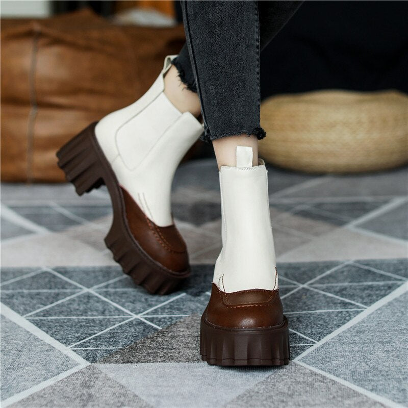 Women Thick Heels Ankle Boots Fashion Mixed Colors Genuine Leather Platforms Shoes Autumn Winter Working Casual - KAISERINC