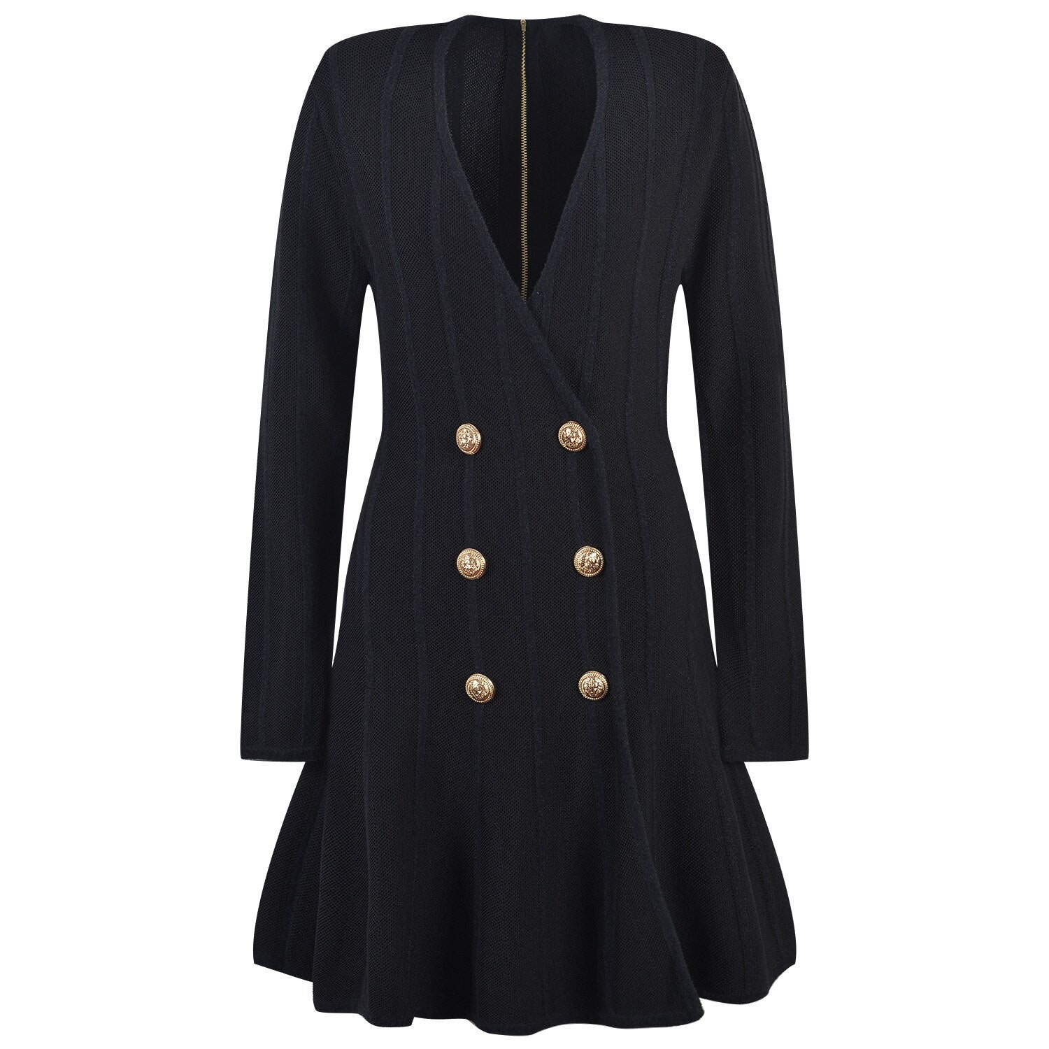 Euorpean Stylish Women Luxury Design V-neck Long Slevee Fall Lady Knit A-line Dress - KAISERINC
