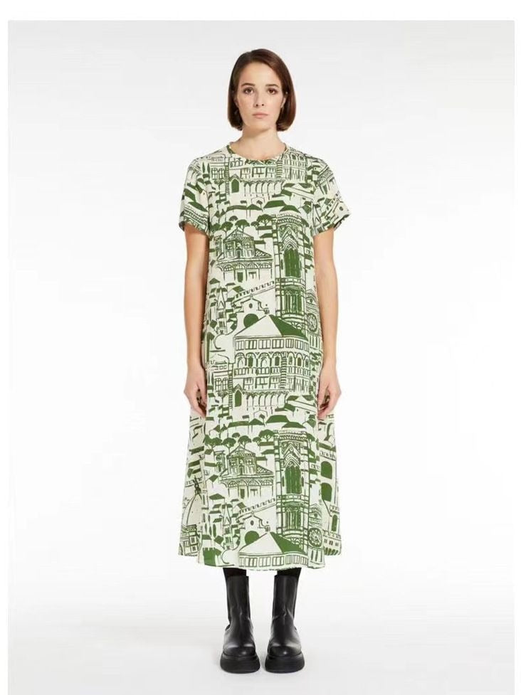 Women Vintage Architecture Print Short Sleeve Silk A-Line Dress - KAISERINC