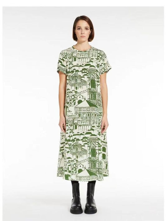 Women Vintage Architecture Print Short Sleeve Silk A-Line Dress - KAISERINC