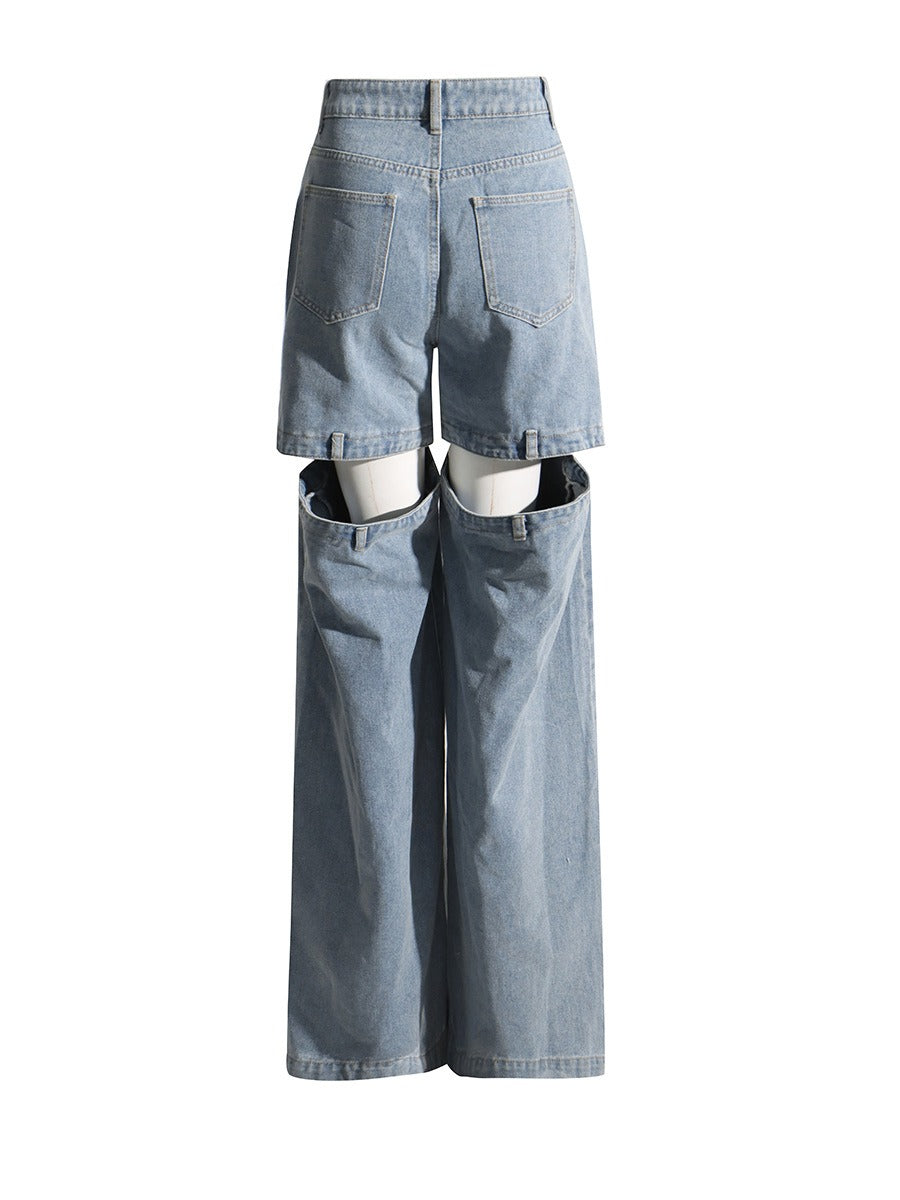 Solid Hollow Out Jeans For Women High Waist Patchwork Zipper Minimalist Casual Wide Leg Jean Female - KAISERINC