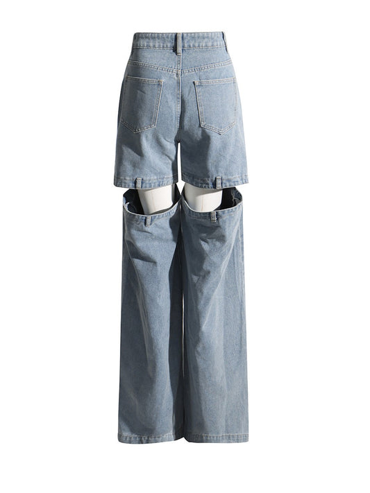 Solid Hollow Out Jeans For Women High Waist Patchwork Zipper Minimalist Casual Wide Leg Jean Female - KAISERINC