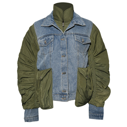 Winter New Irregular Contrast Color Washed Denim Stitching Stand-Collar Jacket Coat Cotton Padded Clothes - KAISERINC