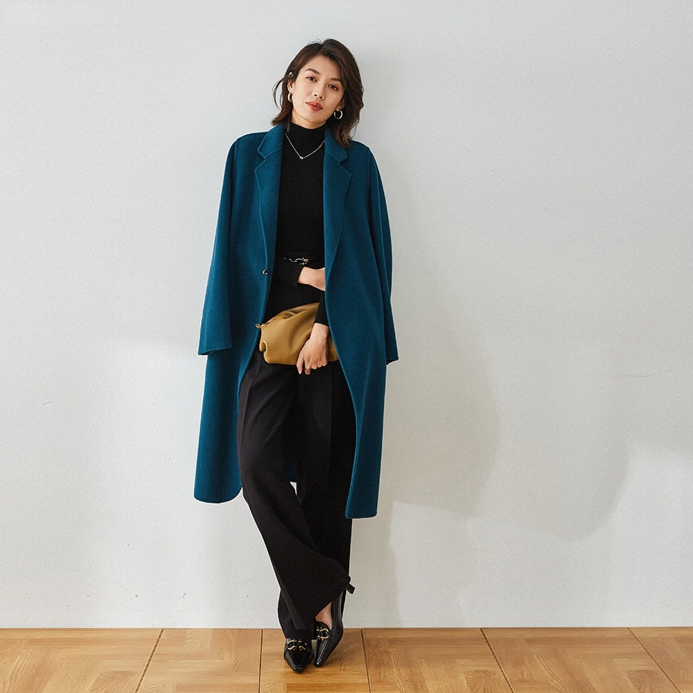 Autumn And Winter Straight Lapel Simple Belt Chain Long Reversible Wool Coat Wool Coat - KAISERINC