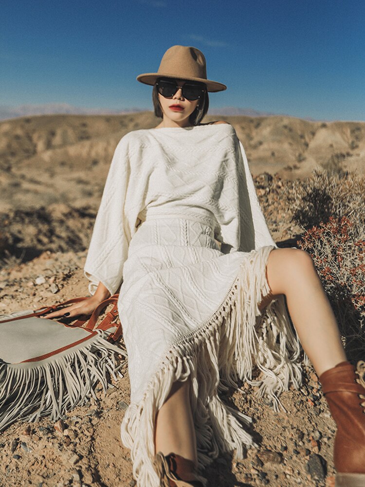 Vintage Versatile Tassel Knitted Dress Women's Spring and Autumn New Style Sweater Long Dress - KAISERINC