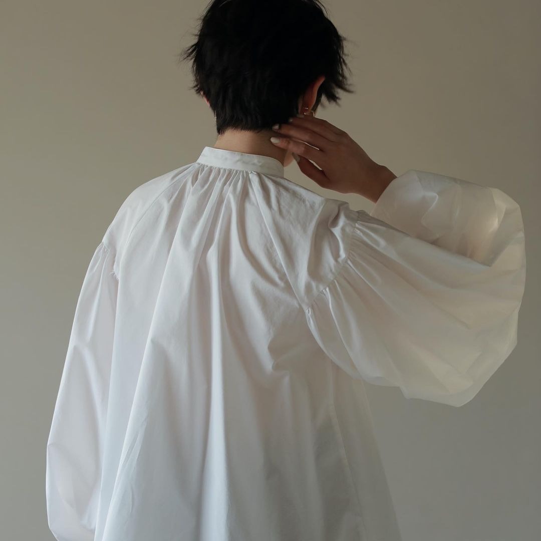 Elegant Lantern Sleeve Loose Shirts Tops Stand Collar Single Breasted Solid Blouse - KAISERINC