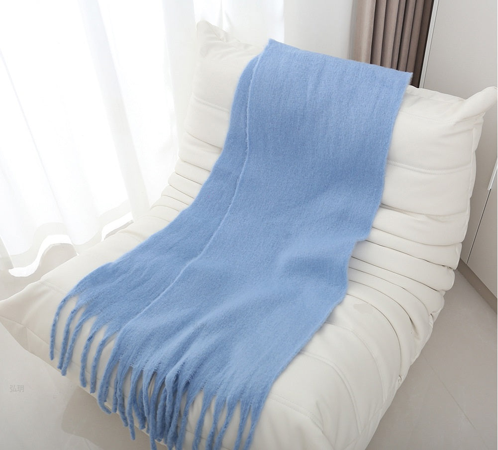 Mohair solid color scarf for women winter warm scarf macaron color thick braid tassel shawl - KAISERINC
