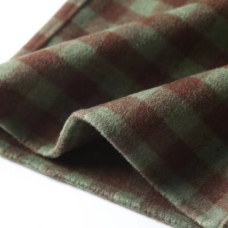 Autumn New Monochrome Card Green Plaid Lace Double-Sided Woolen Women's Long Coat - KAISERINC