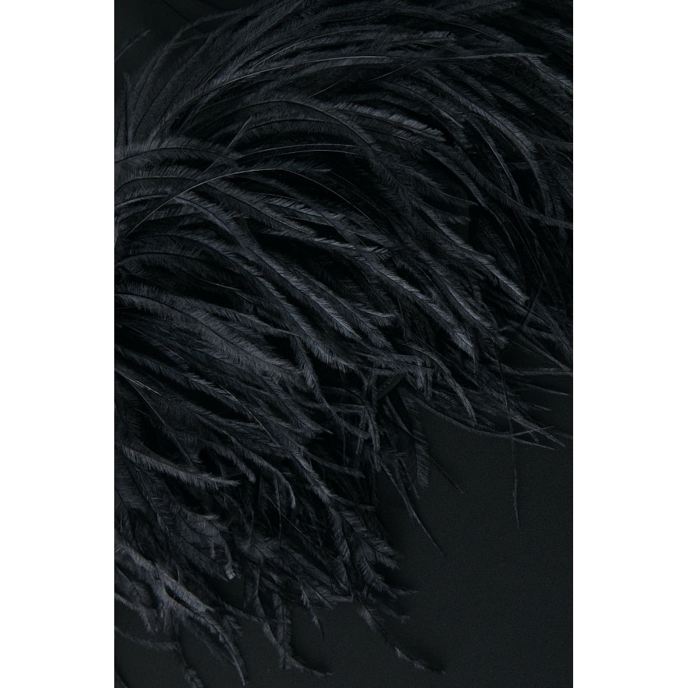 16AR Customized  Women Black Ostrich Feather Trimmed Sleeve Cut-out Black Midi Party Dress High Quality Evening Wedding Dress - KAISERINC
