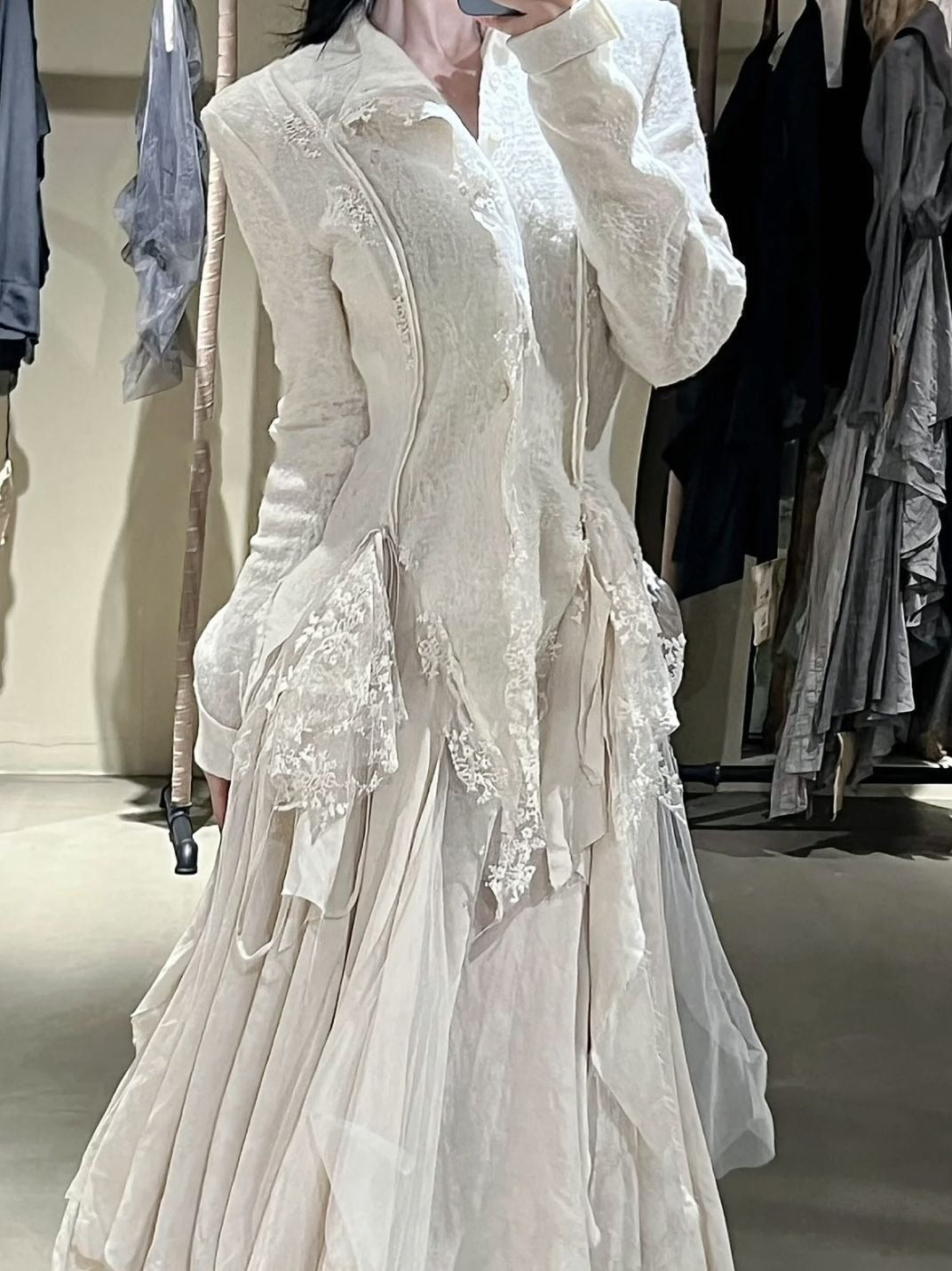 Solid Spliced Lace Blouses For Women Round Neck Long Sleeve Tunic Irregular Hem Skimming Shirt - KAISERINC
