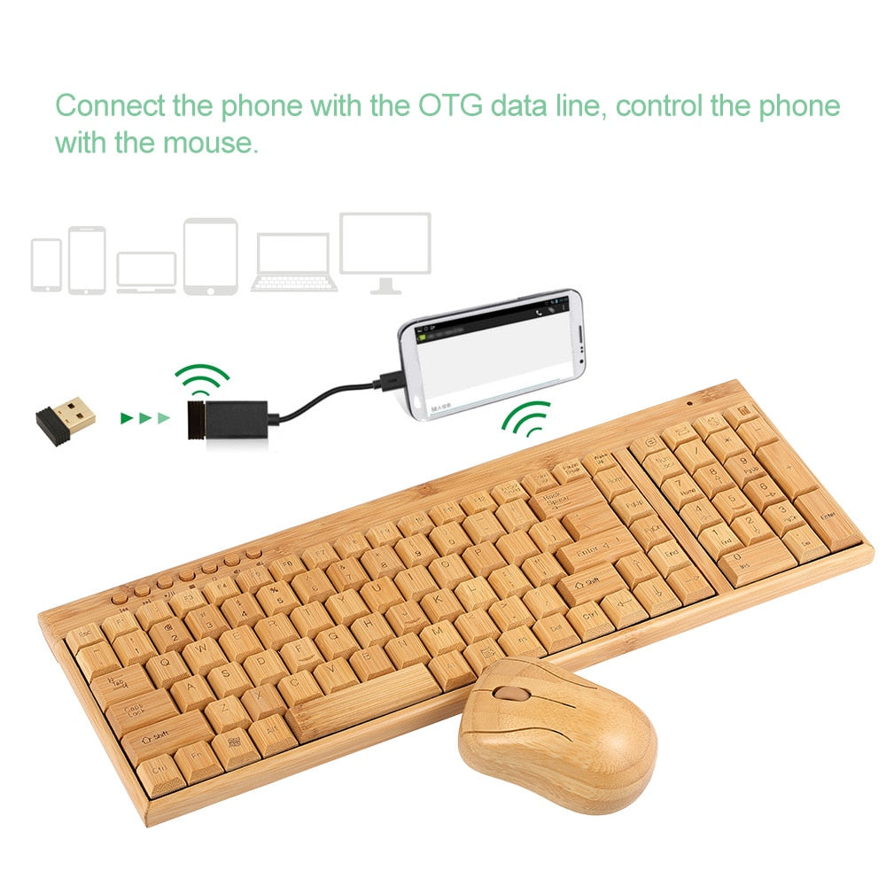 2.4G Wireless Bamboo PC Keyboard and Mouse Combo Combos Computer Keyboard Mice Office Handcrafted Natural Wooden Plug and Play - KAISERINC