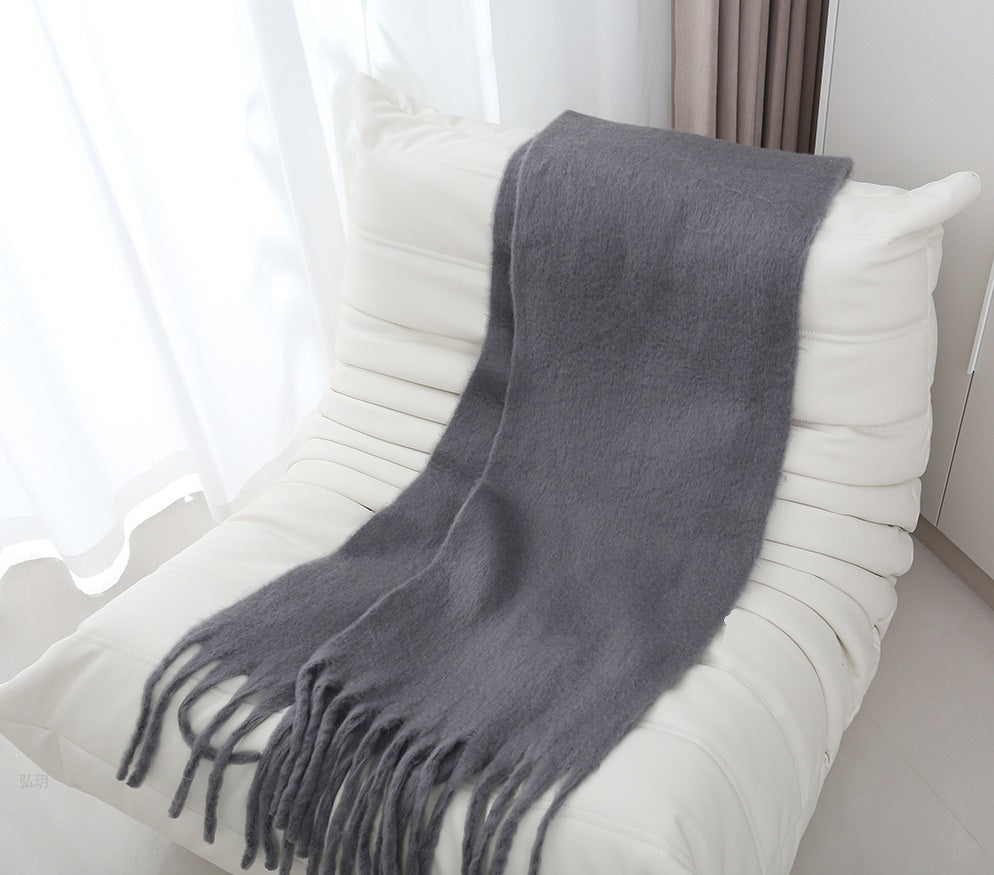 Mohair solid color scarf for women winter warm scarf macaron color thick braid tassel shawl - KAISERINC