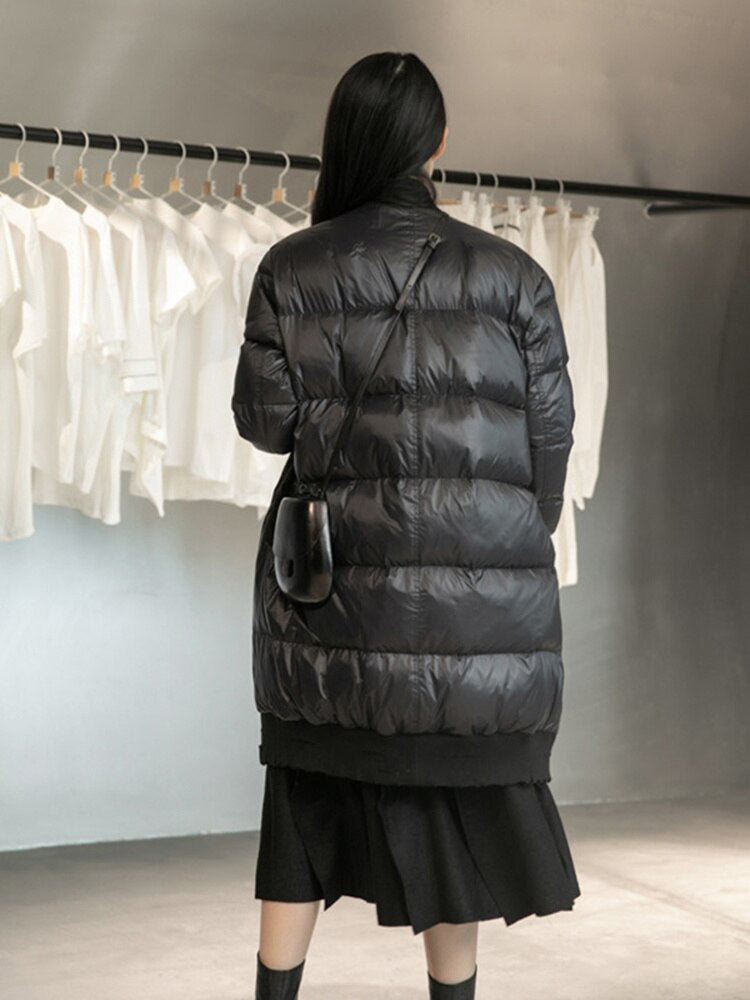 Loose Fit Black Spliced Down Jacket New V-neck Long Sleeve Warm Women Parkas Fashion for Autumn Winter - KAISERINC