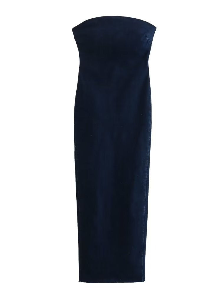 Summer Back Slit Dress Sexy Slim Backless Strapless Dress Female Long Denim Dress - KAISERINC