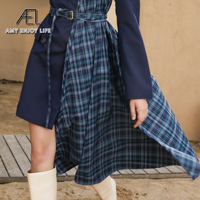 Autumn And Winter Slimming Waistband Splicing A-Line Dress Female New V-Neck Suit Skirt - KAISERINC