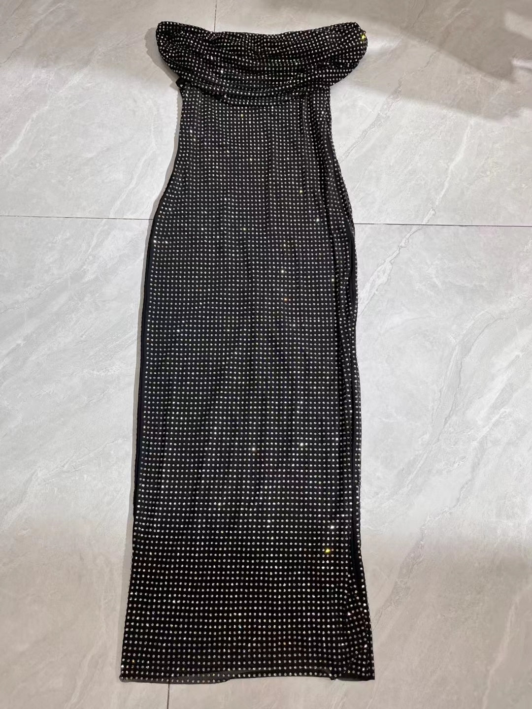 Heavy hot drilling midi dress women Slash neck sexy slim long dress - KAISERINC