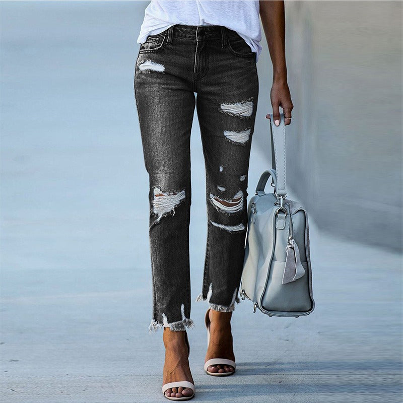 New Pencil Pants Ripped Slim Fit High Waist Vintage Streetwear Casual Fashion Stretch Blue Jeans Woman - KAISERINC