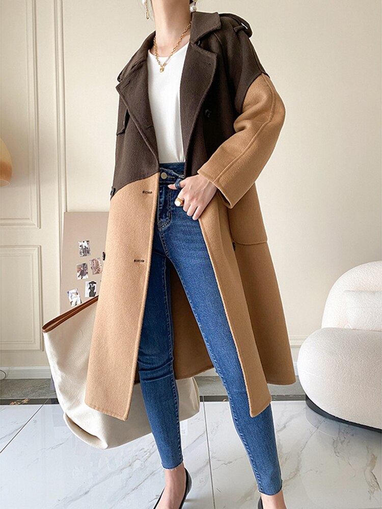 Loose Fit Khaki Color-block Big Size Woolen Coat Parkas New Long Sleeve Women Fashion Trend Autumn Winter - KAISERINC