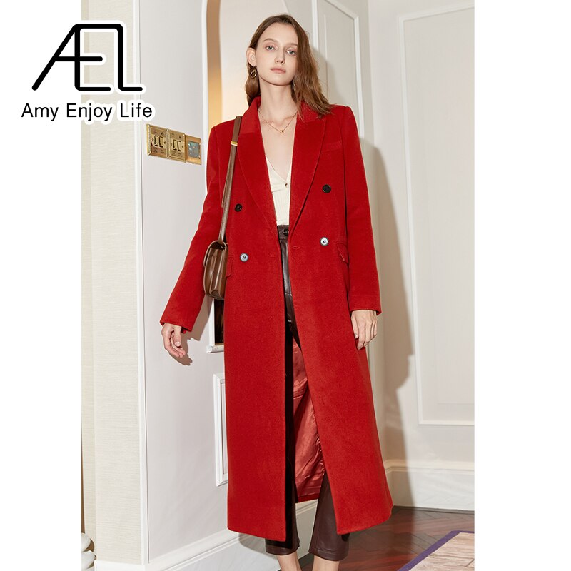 Red Double Breasted Vintage Loose Long Suit Woolen Coat - KAISERINC