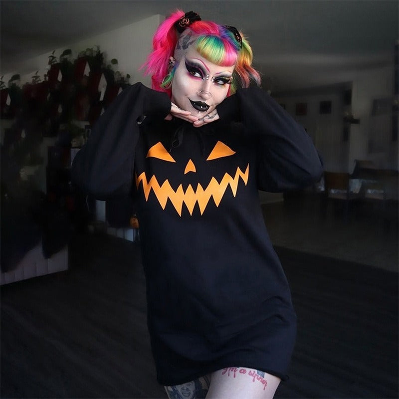 Halloween printed hooded sweatshirt casual dress - KAISERINC