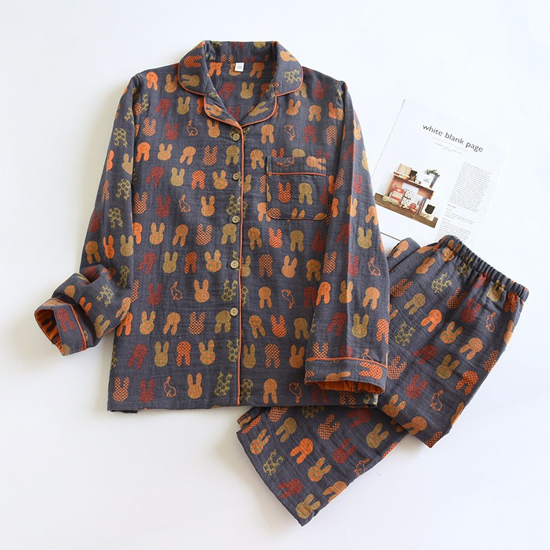 spring and summer women's pajamas suit long-sleeved trousers two-piece 100% cotton crepe flower leaves home clothes - KAISERINC