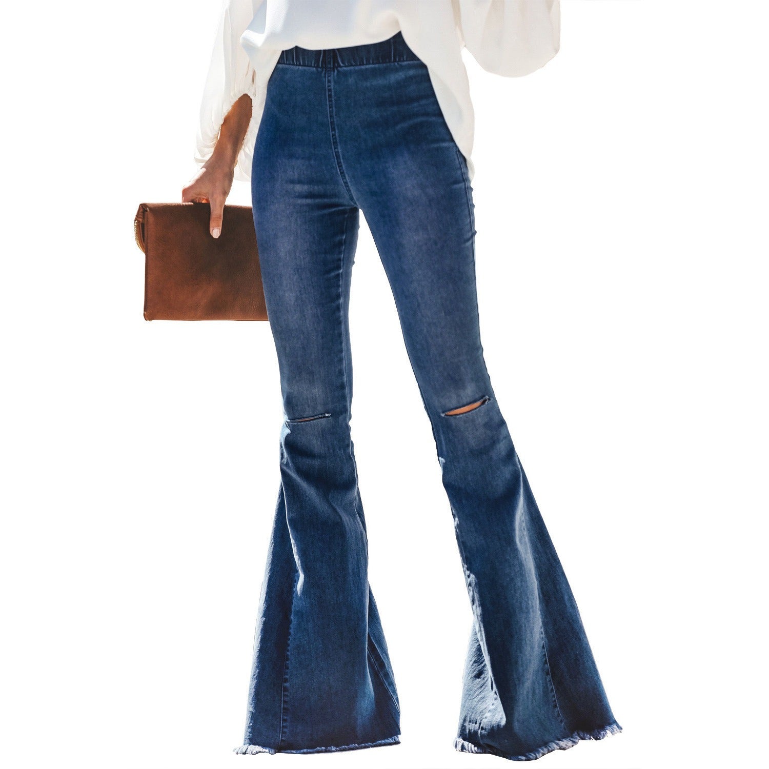 New Black and Blue Women's High Waist Denim Flared Pants Ripped Elastic Waist Jeans - KAISERINC