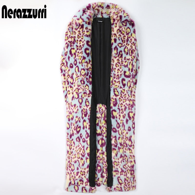 Nerazzurri Winter Extra Long Colorful Warm Thick Fluffy Leopard Print Faux Fur Trench Coat for Women Runway European Fashion - KAISERINC