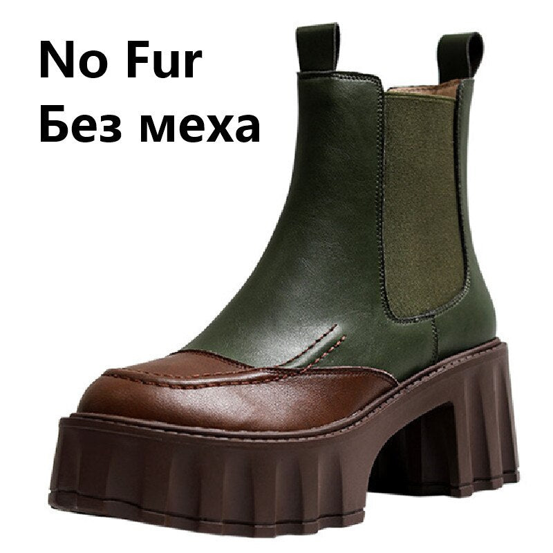 Women Thick Heels Ankle Boots Fashion Mixed Colors Genuine Leather Platforms Shoes Autumn Winter Working Casual - KAISERINC