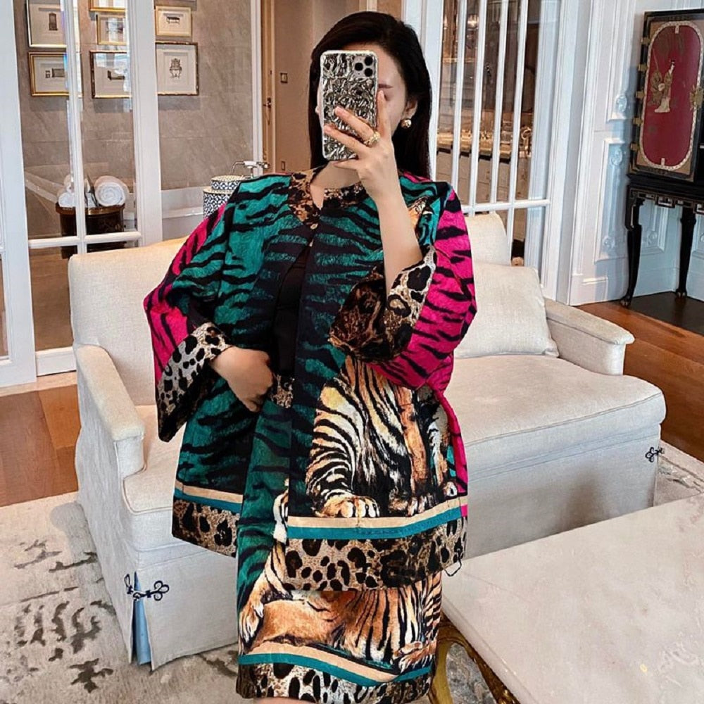 Summer Tiger Year Series Jacquard Leopard Tiger Jacket + Slim High Waist A-Line Skirt Suit - KAISERINC