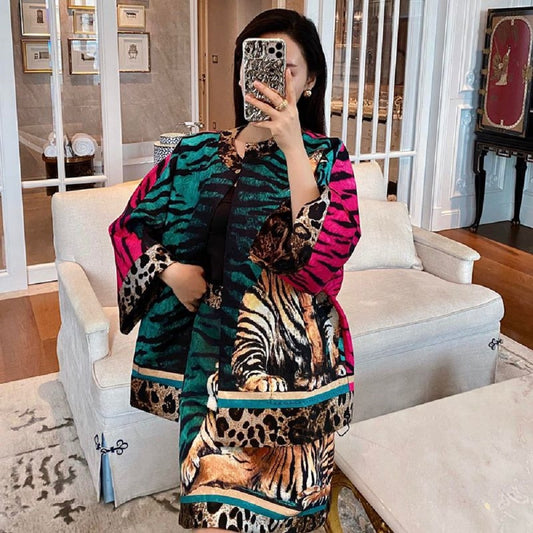 Summer Tiger Year Series Jacquard Leopard Tiger Jacket + Slim High Waist A-Line Skirt Suit - KAISERINC