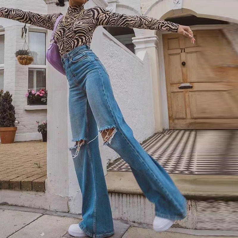 Summer New Fashion Ripped Loose Flared Jeans For Women Street Hipster Casual Denim Straight Pants - KAISERINC