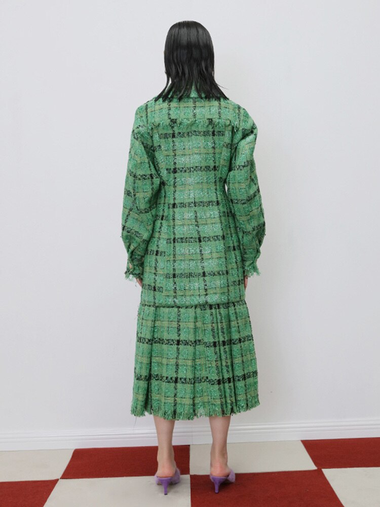 Loose Fit Green Plaid Pleated Elegant Woolen Coat Parkas New Long Sleeve Women Fashion Autumn Winter - KAISERINC