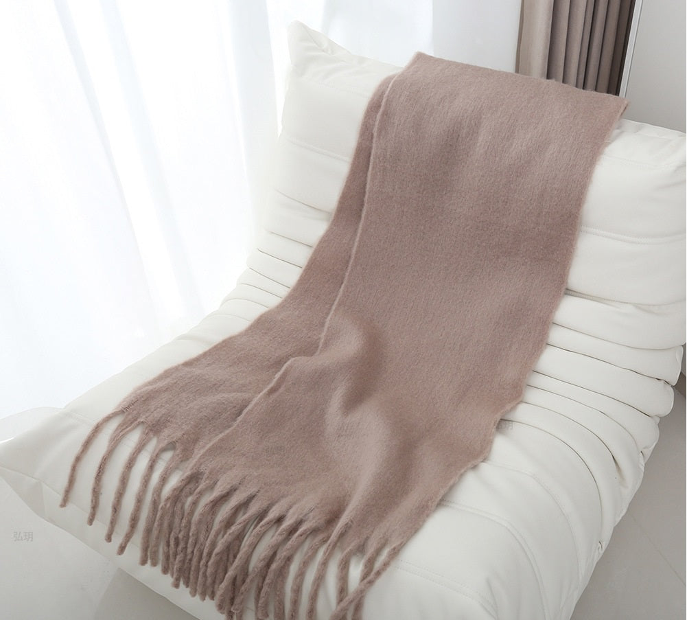 Mohair solid color scarf for women winter warm scarf macaron color thick braid tassel shawl - KAISERINC
