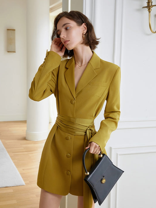 Women Yellow Belted Big Size Elegant Blazer Dress New Lapel Long Sleeve Loose Fit Fashion Spring Autumn - KAISERINC