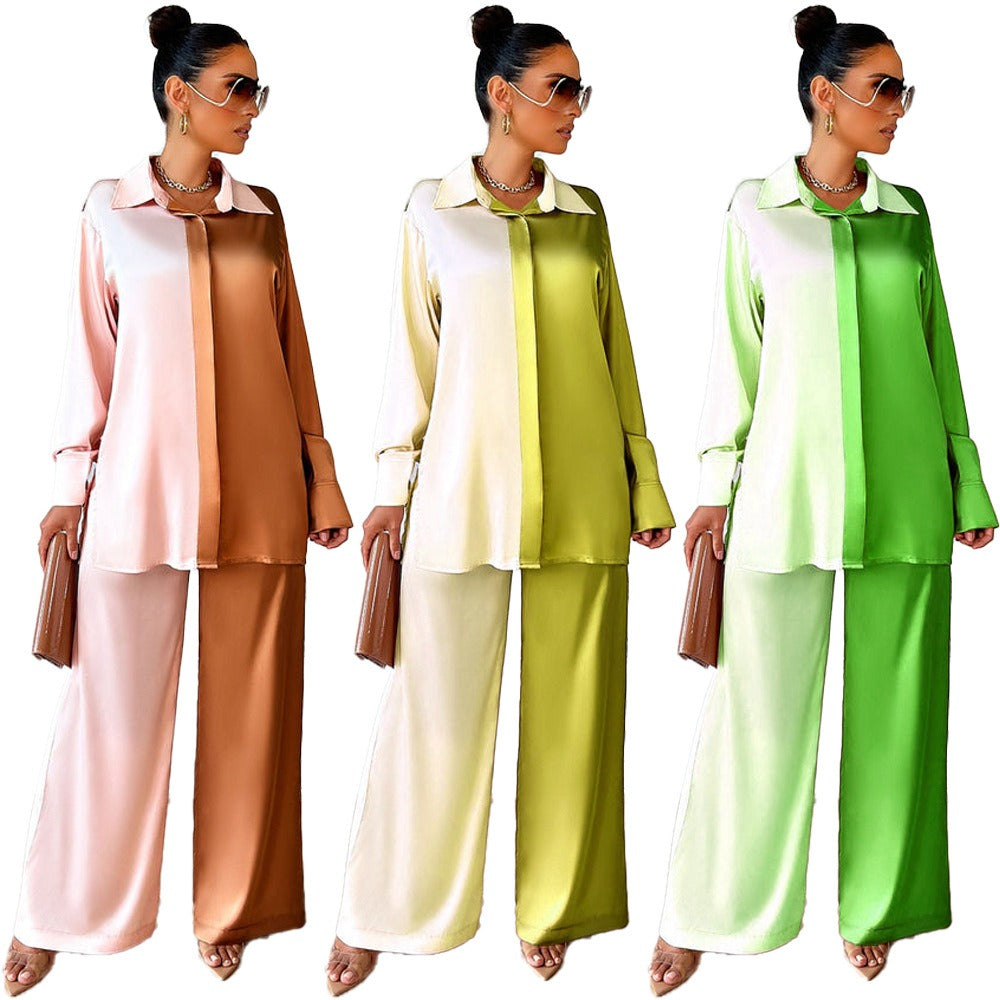 Elegant Satin Women's Matching 2 Piece Sets Casual Long Sleeve Panelled Shirt Pants Suit - KAISERINC