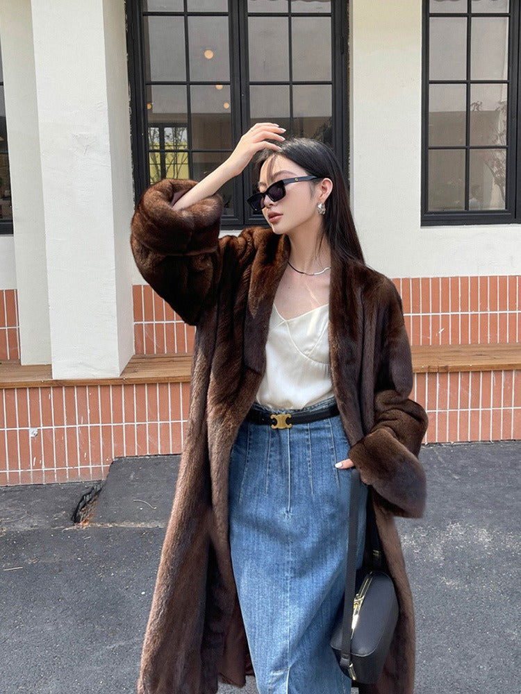 Winter Long Vintage Elegant Luxury Chic Thick Warm Soft Brown Fluffy Faux Mink Fur Coat Women V Neck - KAISERINC