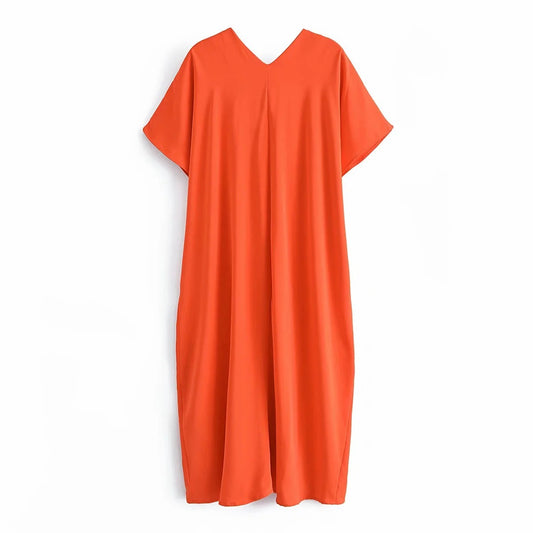 Woman Dresses Orange Satin Long Dress - KAISERINC