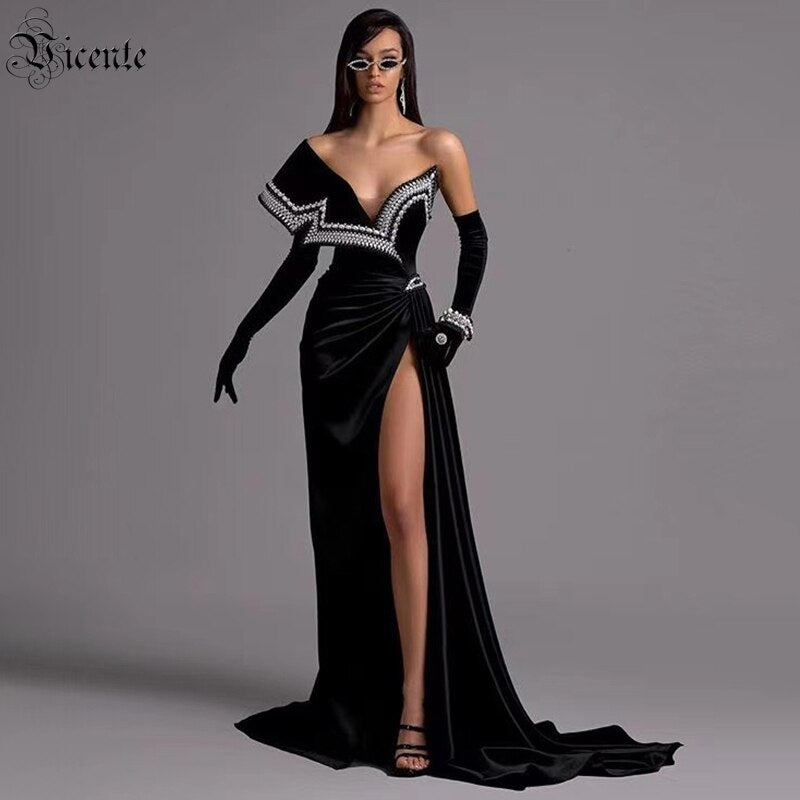 New One-Shoulder Beaded Fashion Beautiful Pleated Folds Slim Long Slit Bandage Dress - KAISERINC