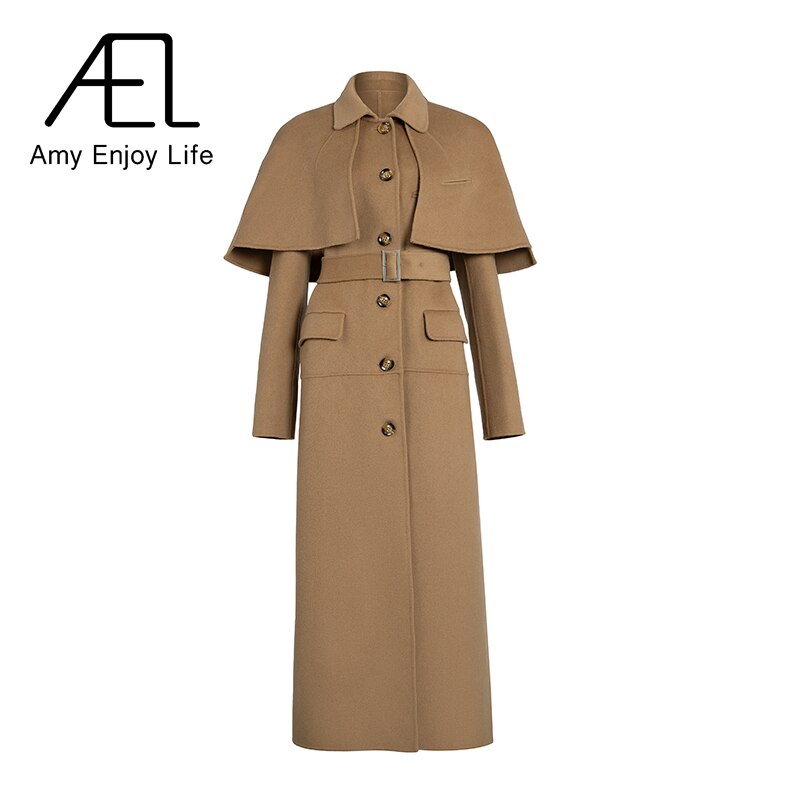 High End Single Breasted Reversible Cloth Shawl Waist Wool Coat Winter New Long Coat