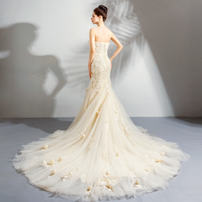 Romantic Light Champagne Mermaid Wedding Dress Sweetheart Lace Flower Fishtail Wedding - KAISERINC